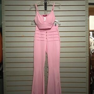 NWTS Boutique L Mundefeis Pink 2 Piece Set Crop‎ Top Flare Pants Button Detail